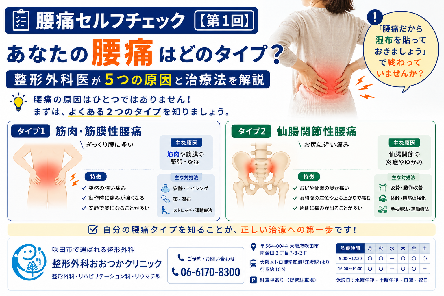 腰痛セルフチェック｜あなたの腰痛はどのタイプ？整形外科医が5つの原因と治療法を解説（第1回）