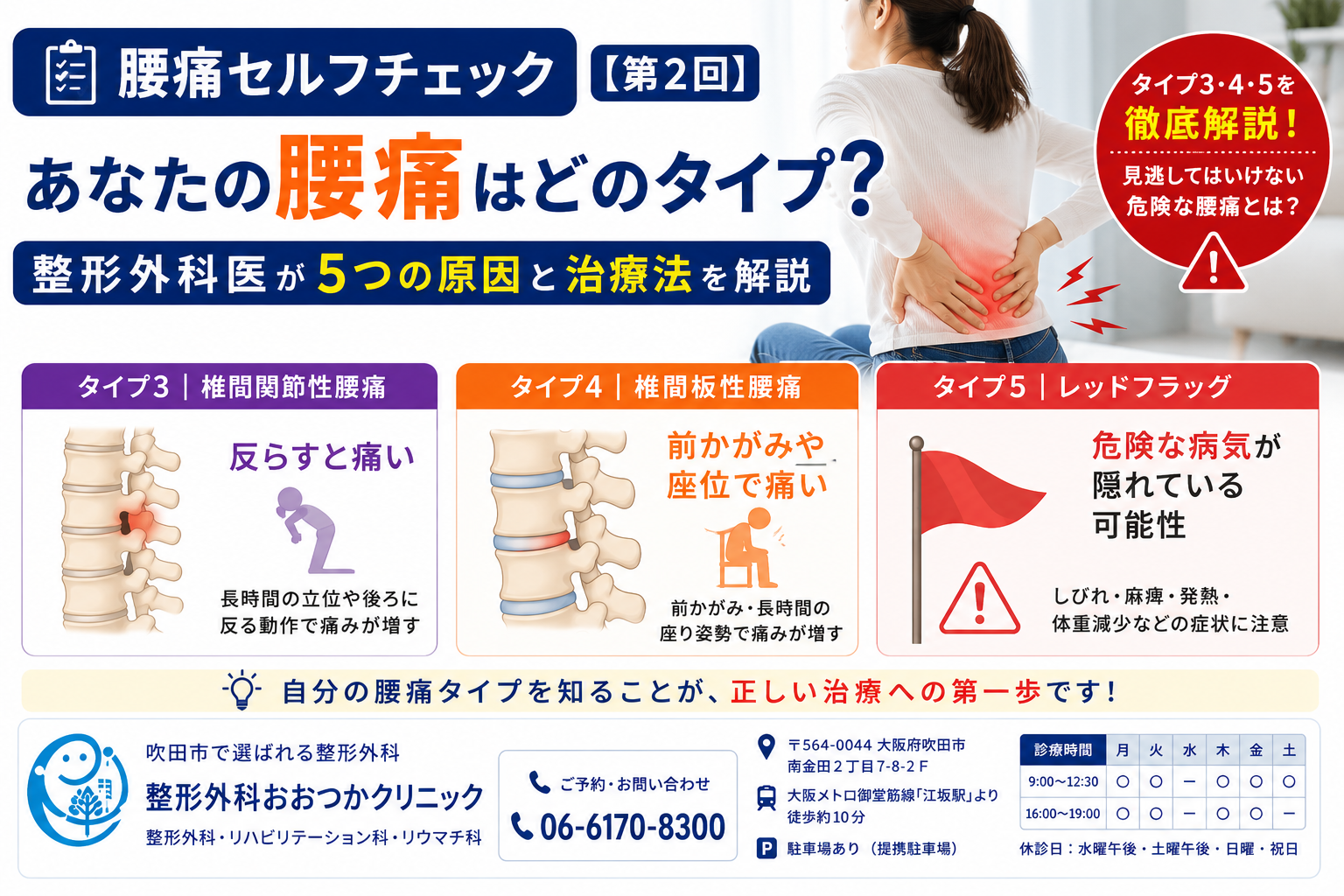 腰痛セルフチェック｜あなたの腰痛はどのタイプ？整形外科医が5つの原因と治療法を解説【第2回】